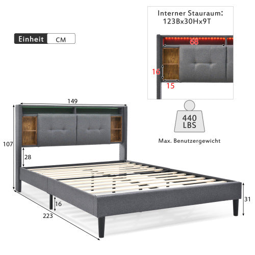 LuneluX_Home – Solid Wood Storage Bed with USB Charging Ports & LED